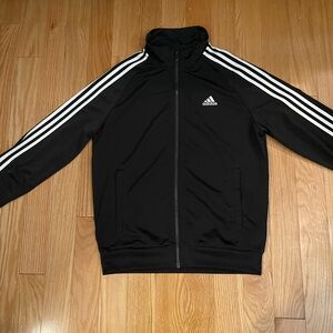 Adidas front zip men’s tracksuit jacket. Medium, black with triple white stripe.